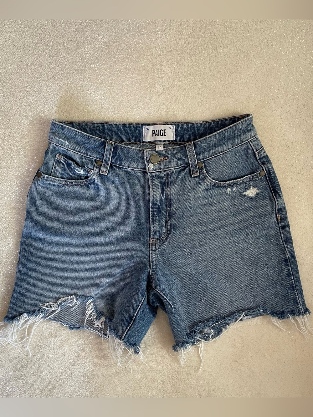 PAIGE Sarah Longline Distressed High Rise Denim Cut Off Shorts Size 26